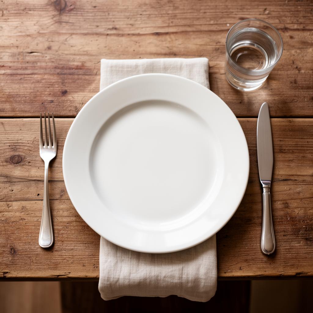 Empty place setting suggesting tonight's recipe: Yogurt Marinated Chicken