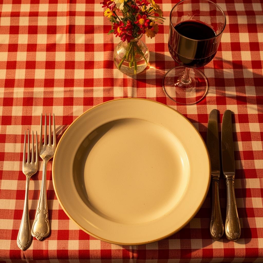 Empty place setting suggesting tonight's recipe: Shakshuka for One